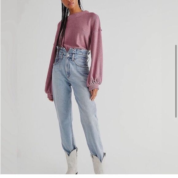 Free People Beach Happy Balloon Sleeve Pullover Sweater Pink Mauve- Size Medium - Picture 2 of 11